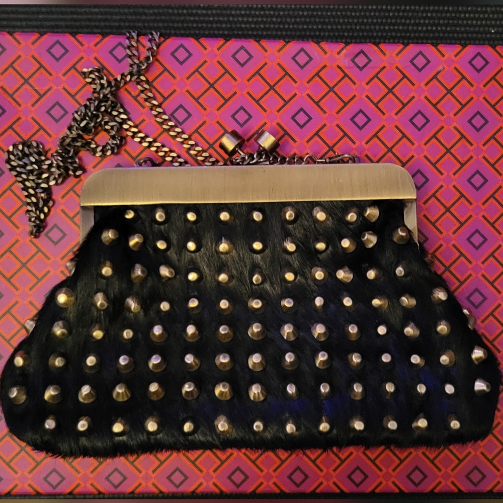 House of Harlow 1960 Black Calf hair leather crossbody bag with bronze frame